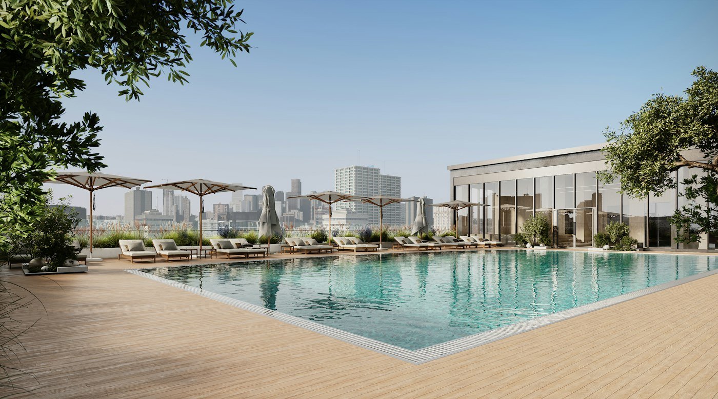 Rooftop swimming pool with city skyline views, illustrating the type of rooftop pool found at Savannah's luxury hotels